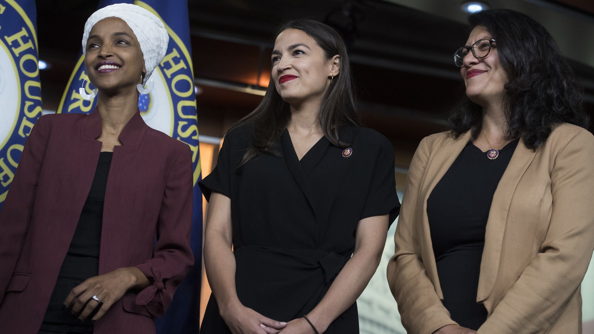Reps. Ilhan Omar, D-Minn., Alexandria Ocasio-Cortez, D-N.Y., and Rashida Tlaib, D-Mich., conduct a news conference in the Capitol Visitor Center on Monday, July 15
