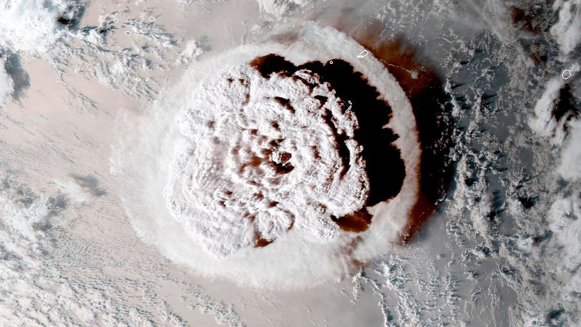 A satellite image of the explosive eruption of the Hunga Tonga-Hunga Ha'apai volcano on Jan. 15.