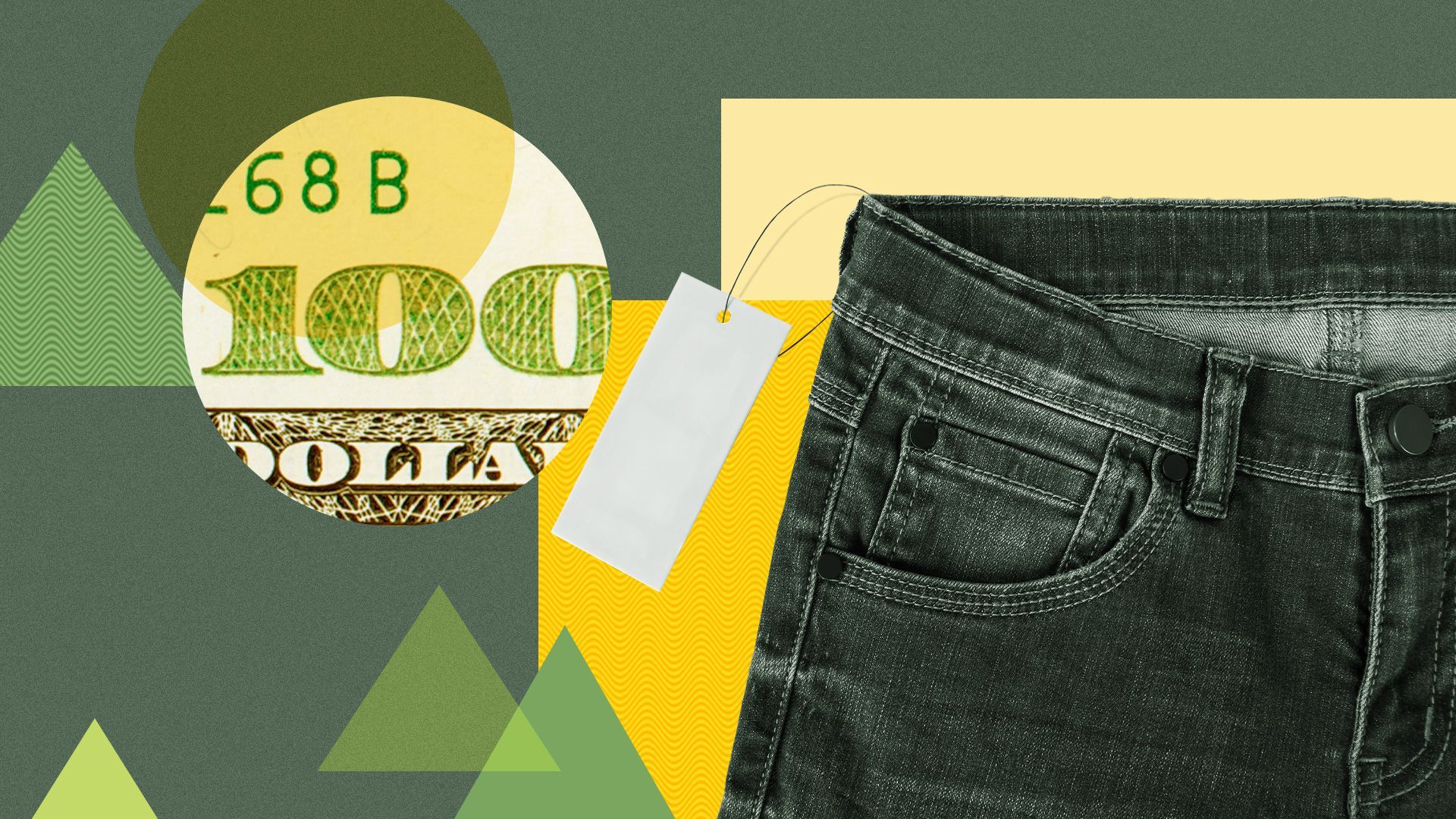 Illustration of a pair of jeans with a price tag surrounded by shapes and zoomed in section of $100 bill.