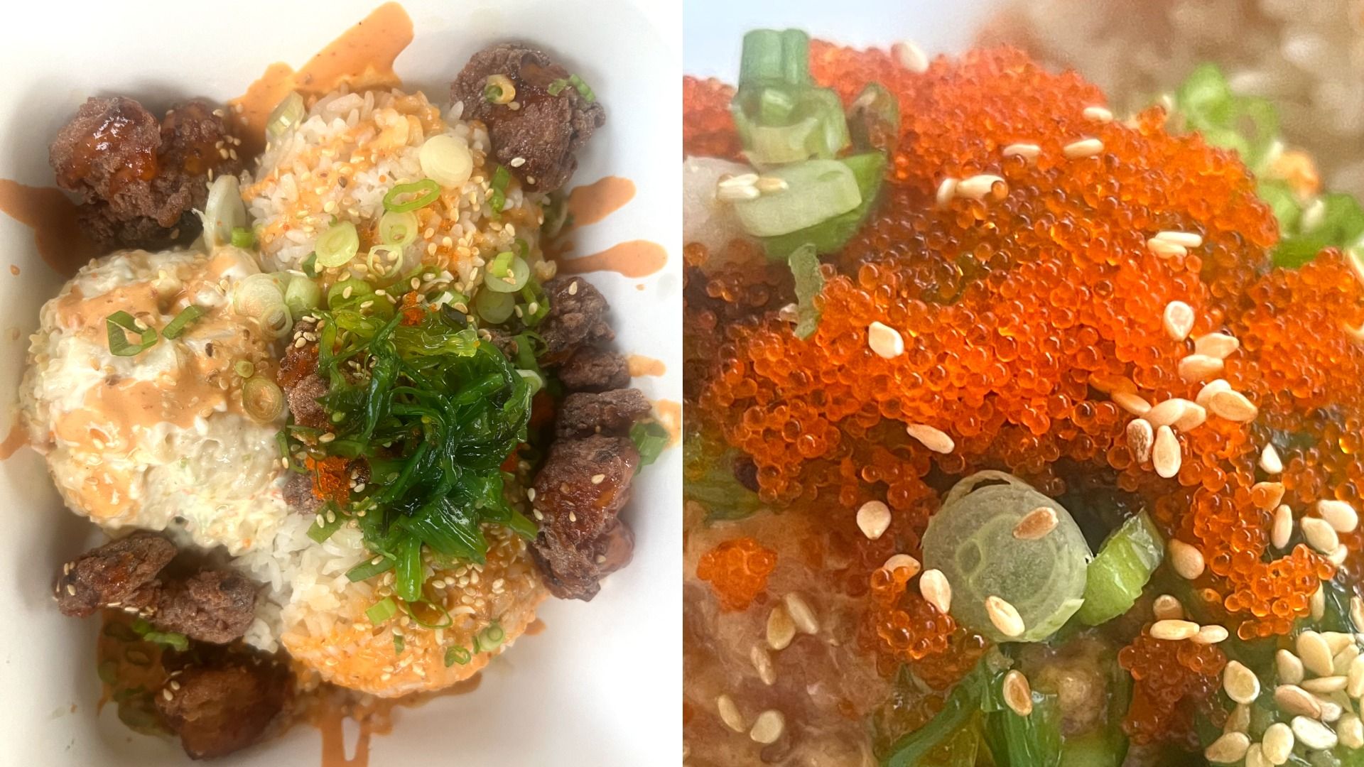 Two-panel food image: left shows white rice with fried chicken, sesame seeds, scallions, seaweed, and orange sauce; right is a close-up of bright orange tobiko roe with sesame seeds and cucumber.