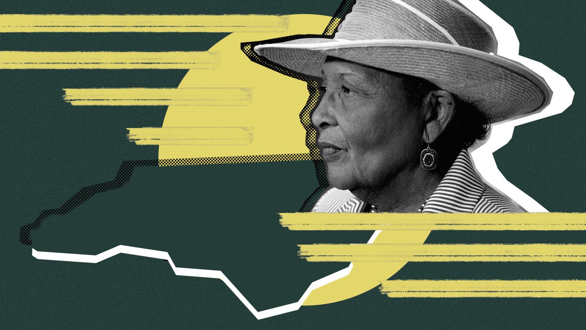 Photo illustration collage of Alma Adams and the state shape of North Carolina