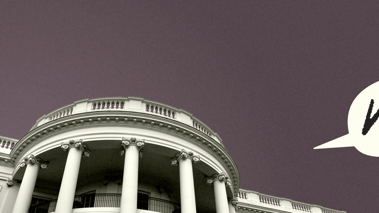 Animated illustration of the word balloons with squiggles in them being launched from the White House.