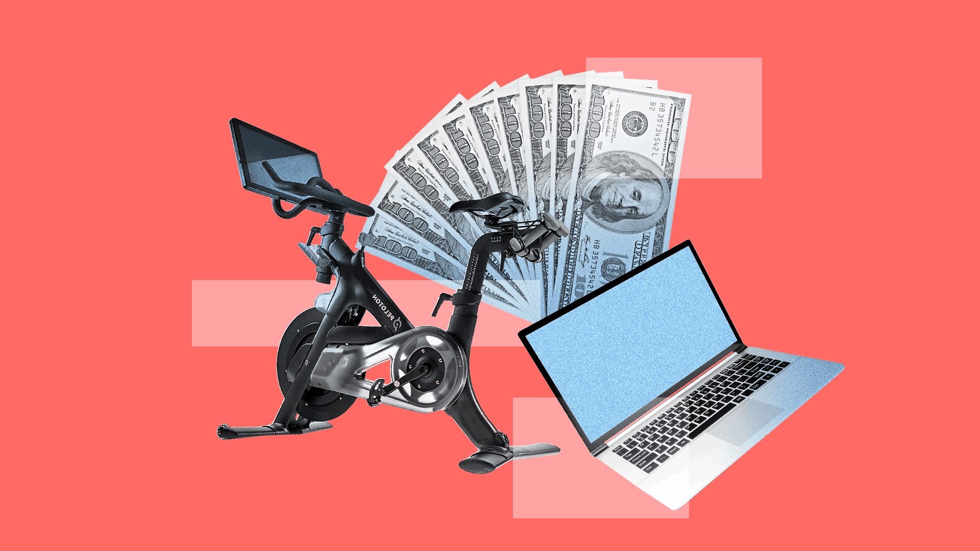 An illustration of an elliptical, laptop and money.