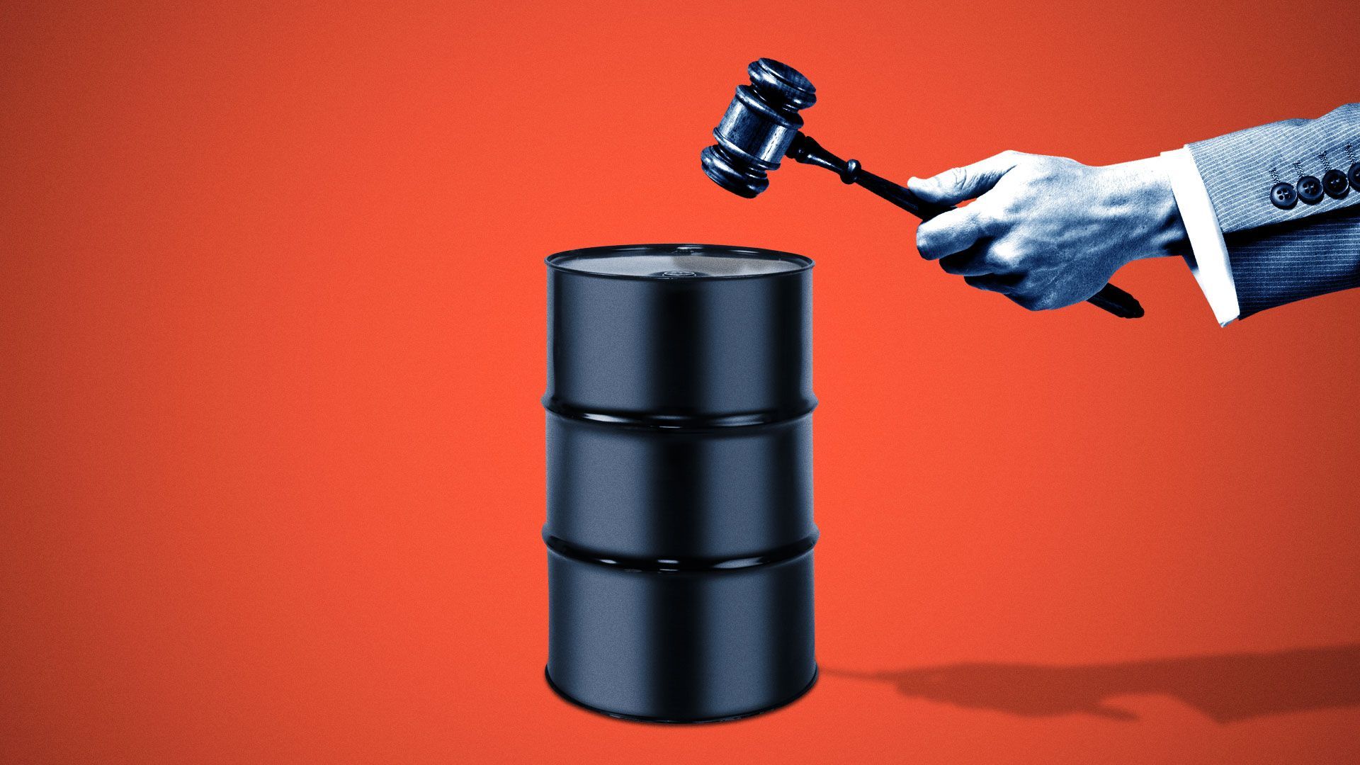 Illustration of suited hand with gavel about to hit the oil barrel