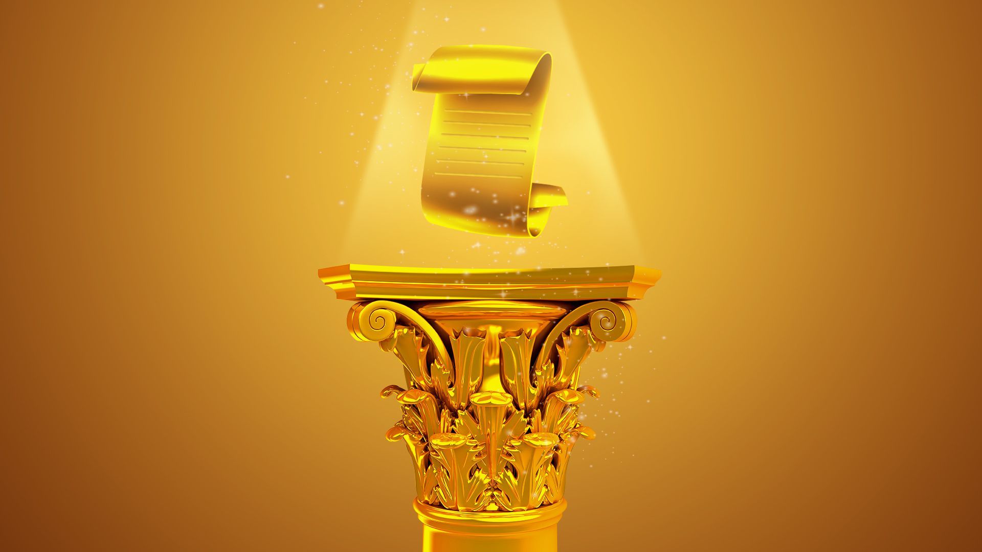Illustration of a golden scroll on a golden pedestal in a golden room.