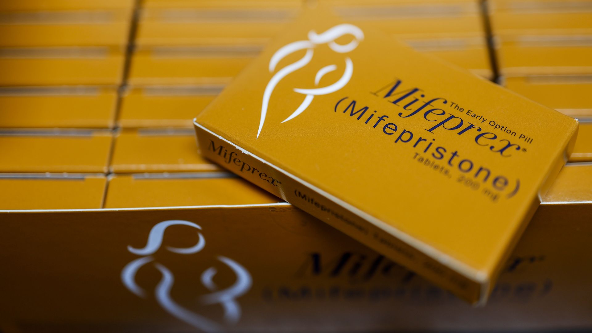 A box of Mifepristone pill tablets.