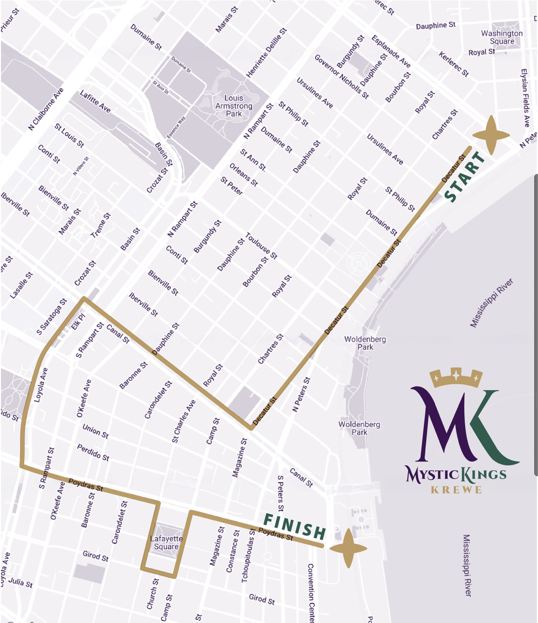 A map of a parade route that winds along the French Quarter and into New Orleans' CBD.