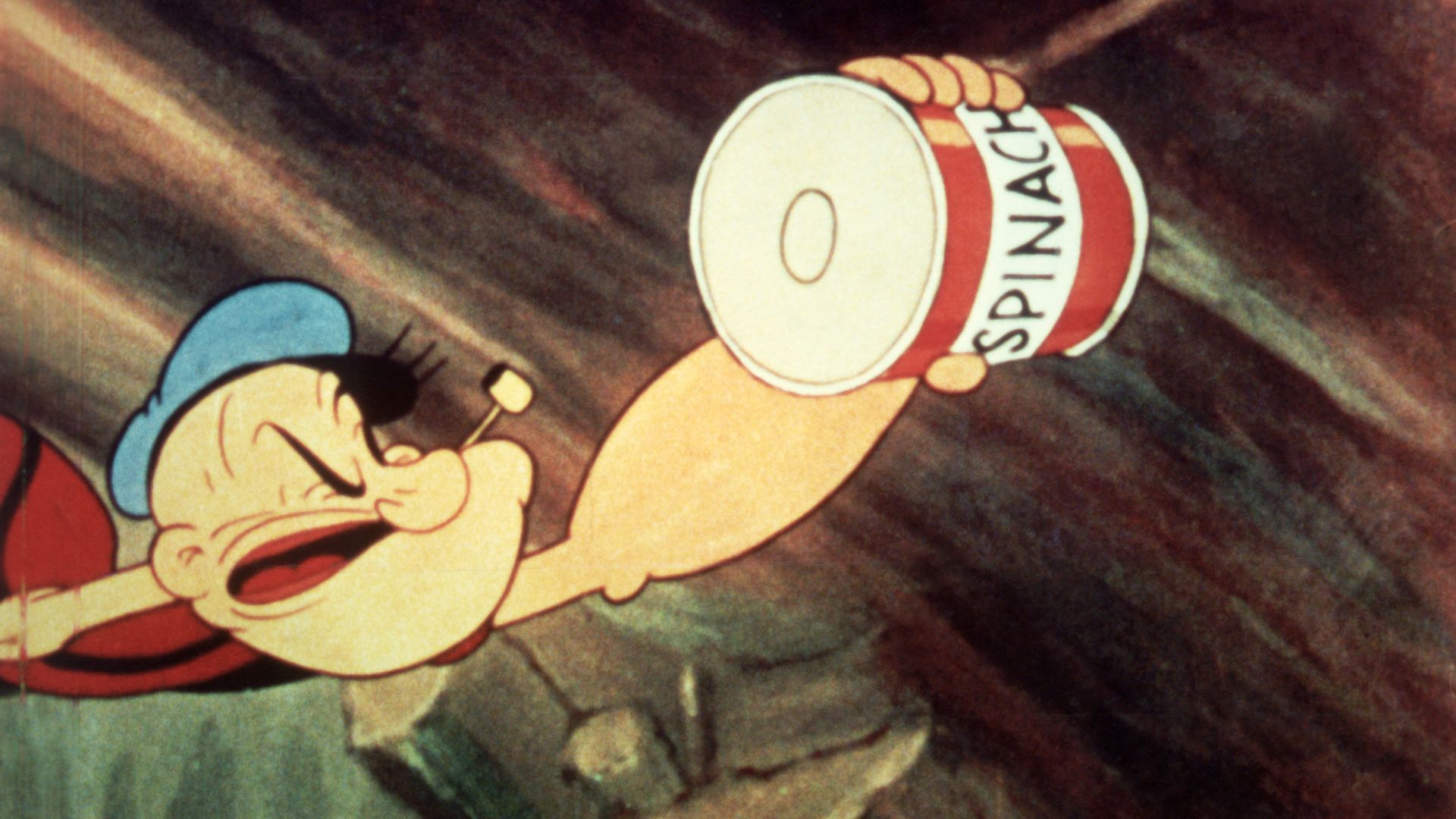  Popeye reaches for a can of spinach in a still from an unidenitified Popeye film, c. 1945. 