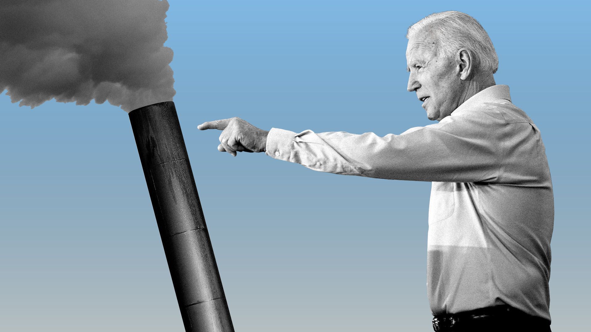 Illustration of President Biden pointing at a smoke stack.
