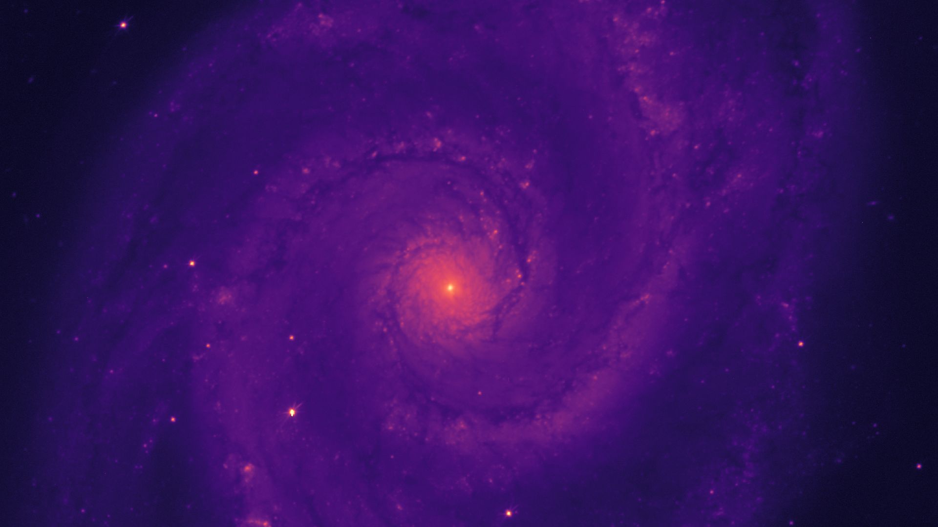 This is an image of the whirpool galaxy, which looks purple here with a bright orange and yellow center. 