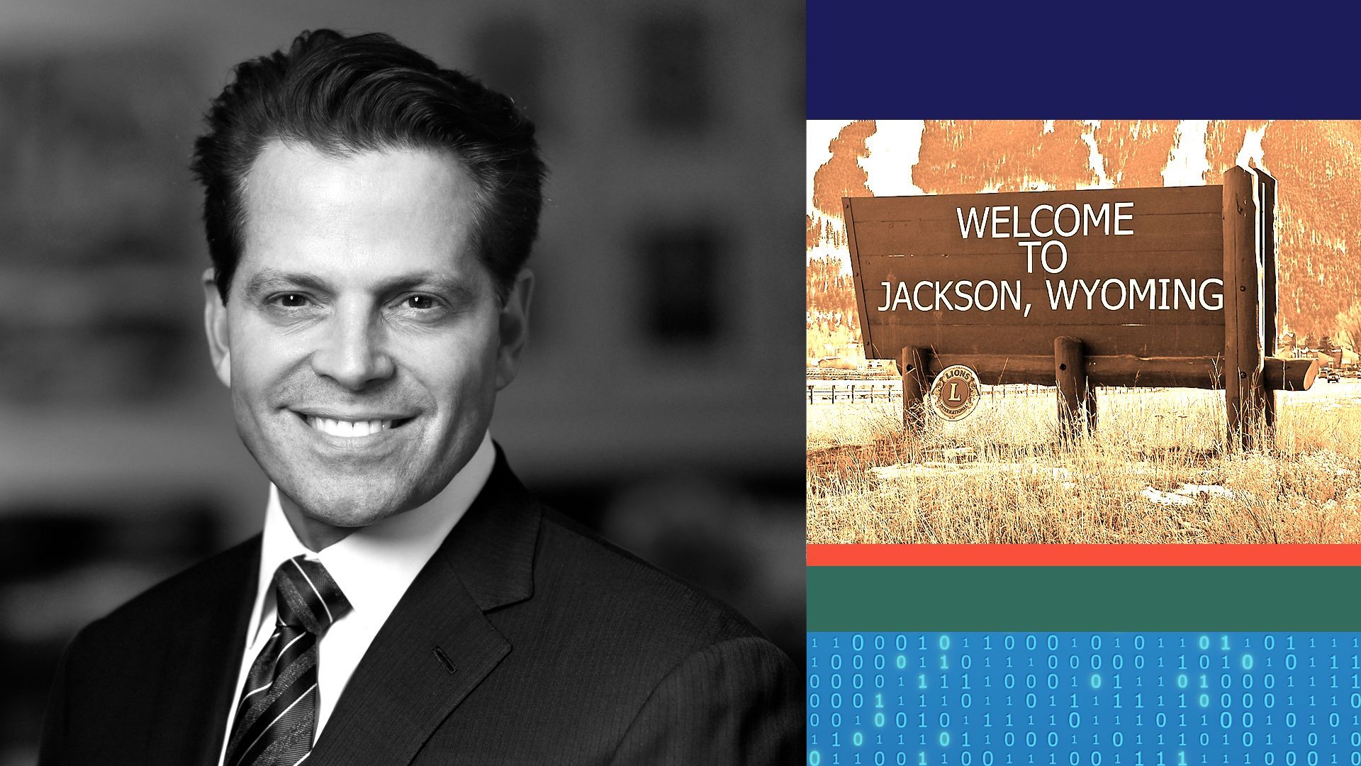Photo illustration of Anthony Scaramucci next to a photo of a sign that reads "Welcome to Jackson, Wyoming" and blocks of color, one of which featured binary code