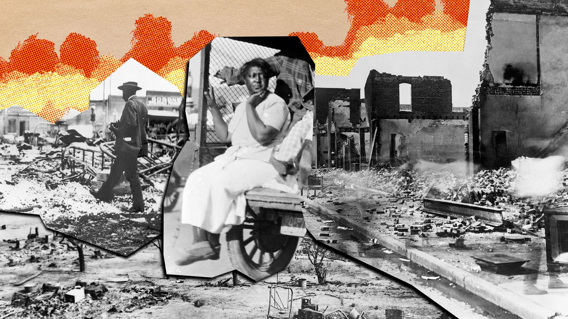 Photo illustration collage of archival photography from the Tulsa Race Massacre.