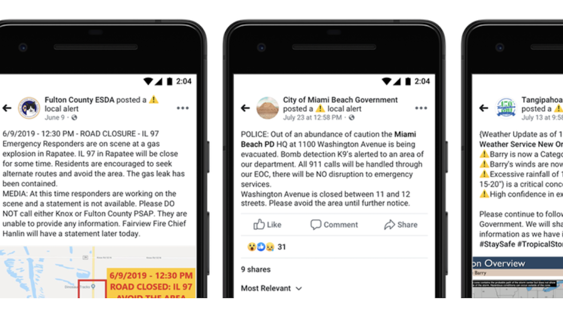 Screen shot of local first responder alerts on Facebook