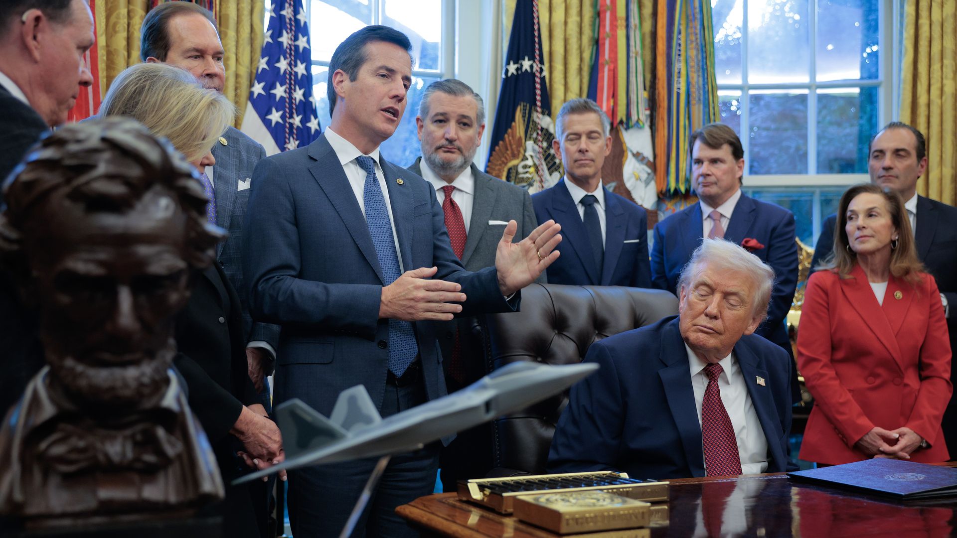 Sen. Bernie Moreno (R-OH) speaks as U.S. President Donald Trump hosts Republican members of Congress in the Oval Office at the White House