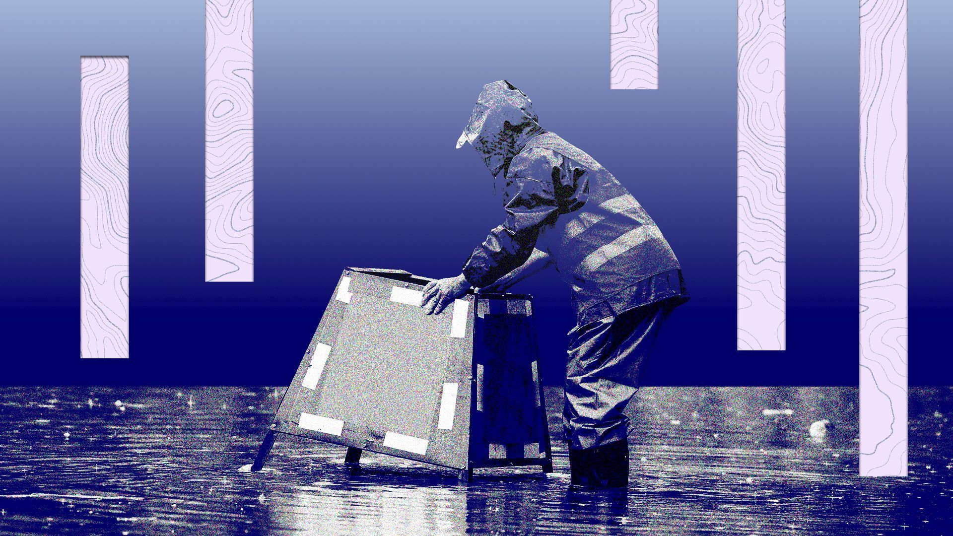 Illustration of a rescue worker marking a manhole under flood water