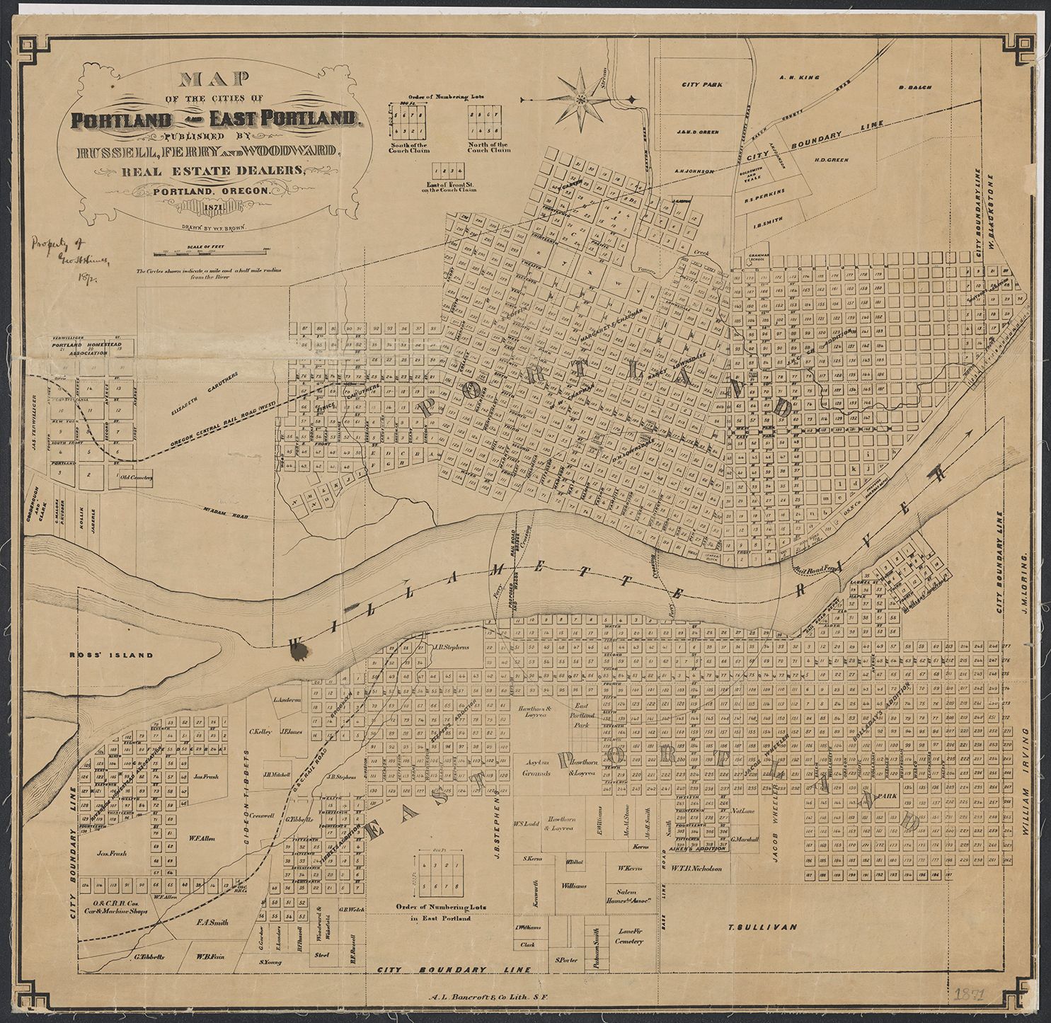 An 1871 map of Portland, Oregon, with thin black lines showing square lots on the east and west sides of a river drawn horizontally across the map.