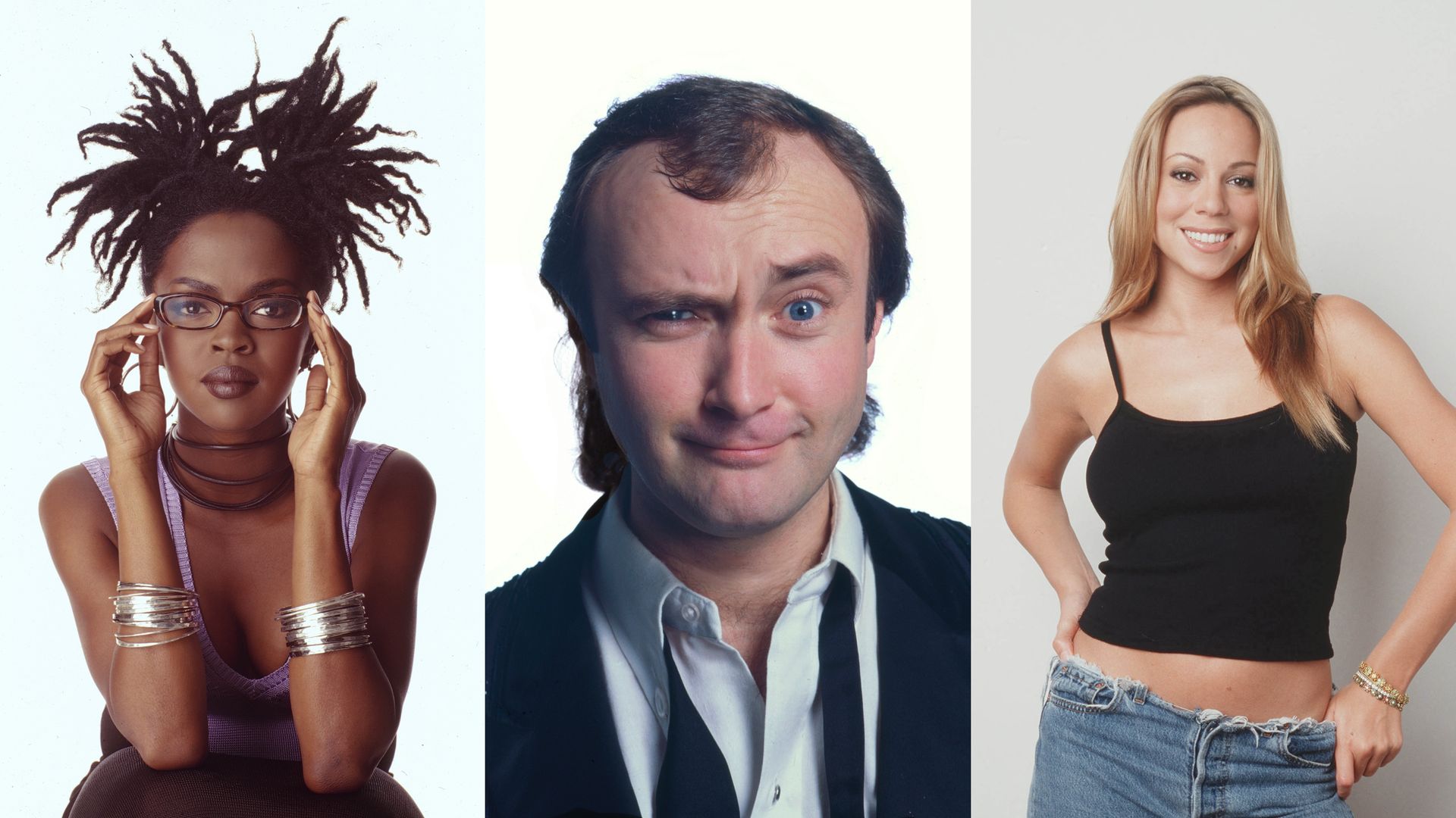 Triptych: left a Black woman with dreadlocks, glasses, purple top and bangles; center a man with a goofy expression and loosened tie; right a blonde in a black tank top and jeans.
