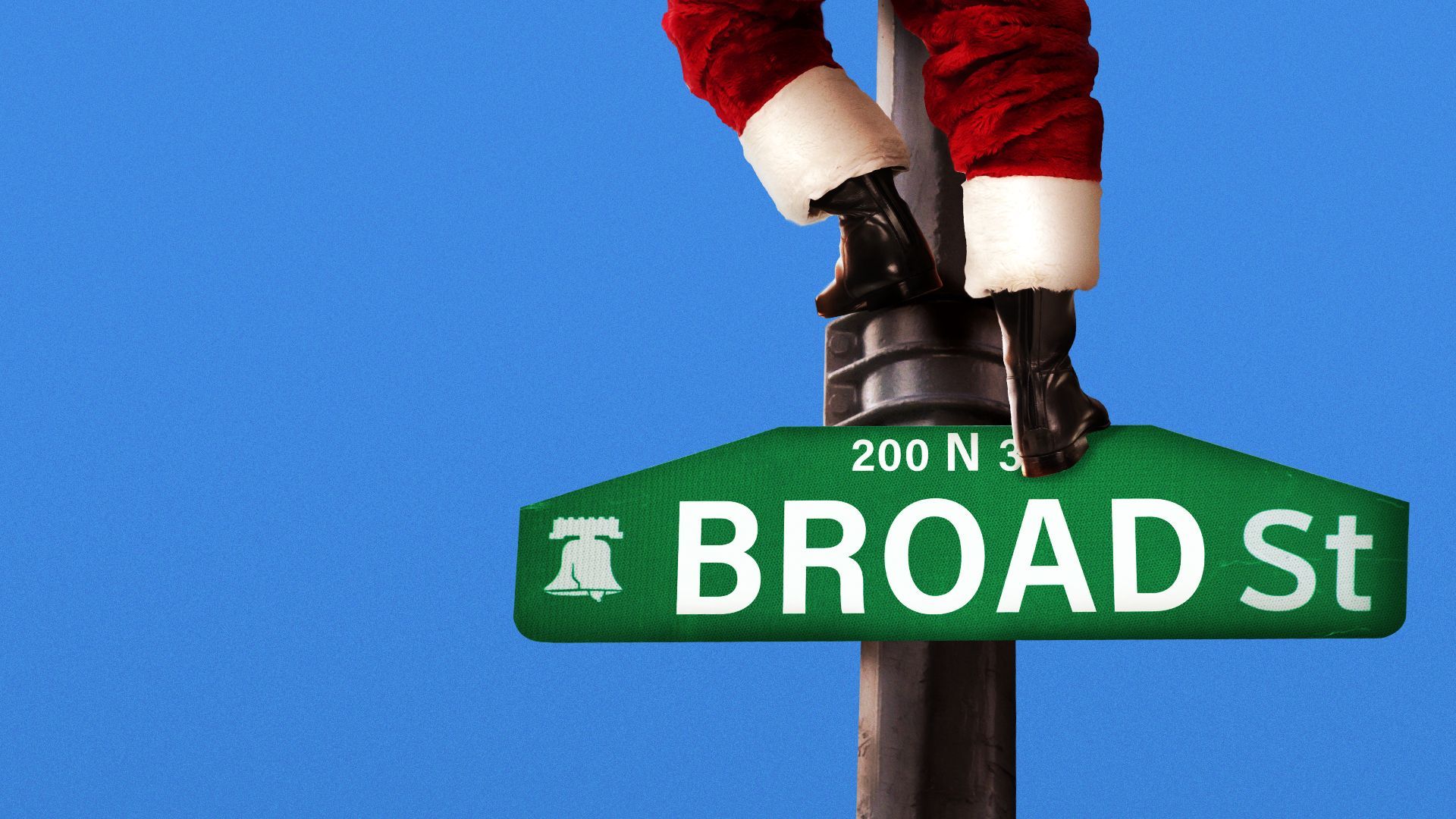 Illustration of Santa climbing a pole with a "Broad St" sign on it.