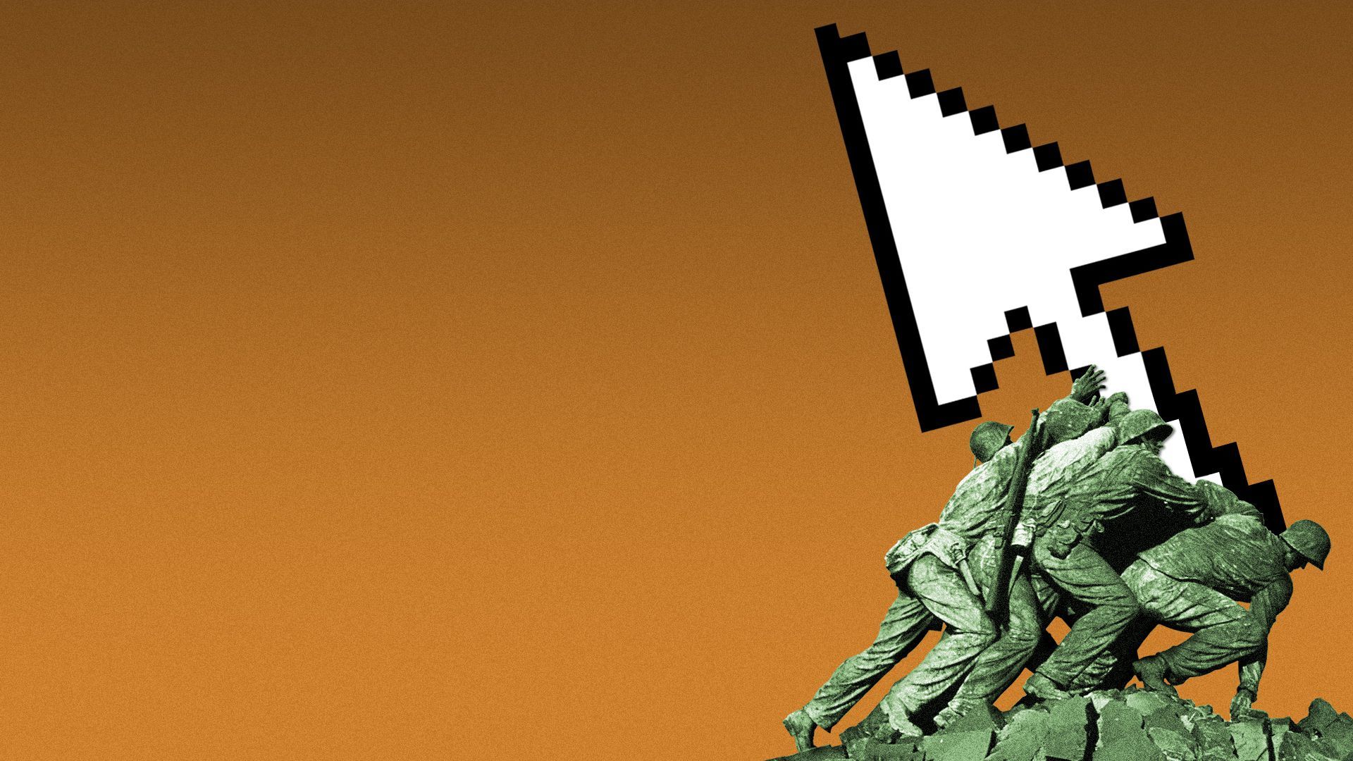 Illustration of soldiers on Iwo Jima lifting up a giant cursor.