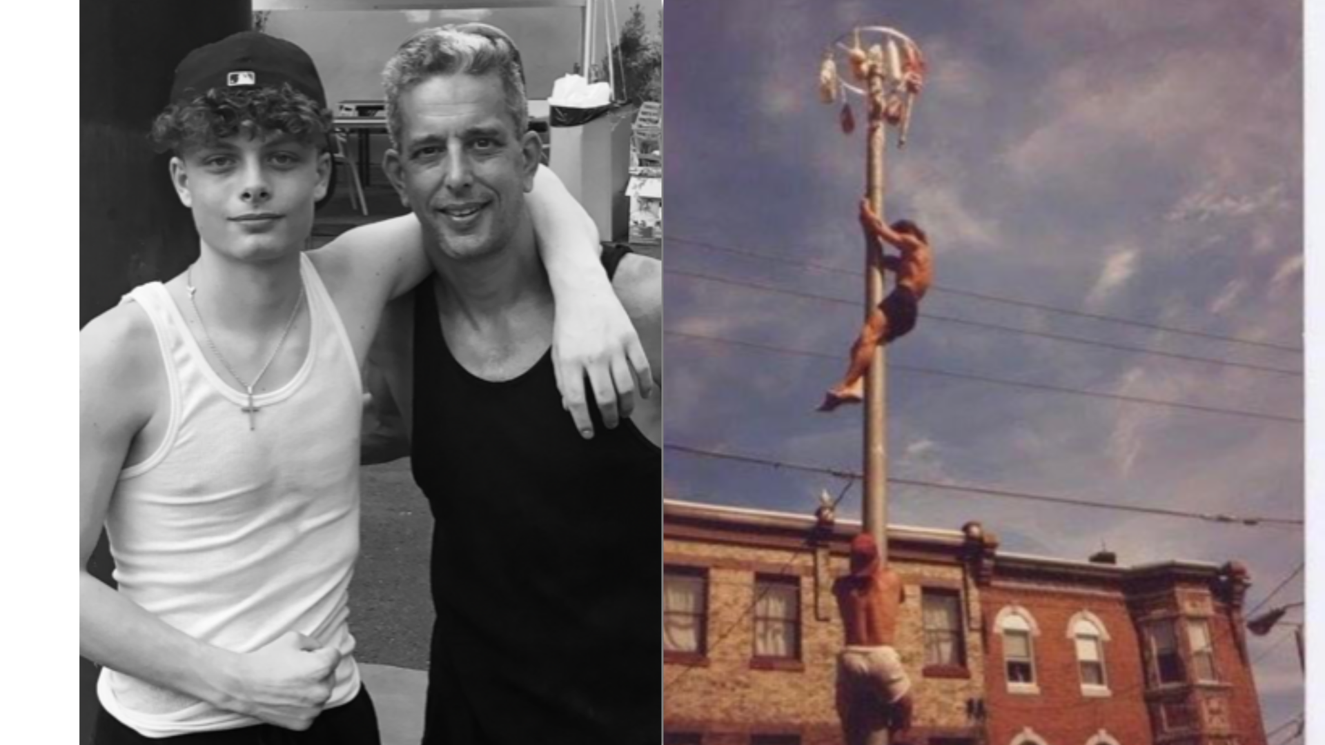 Frankie Longo Jr. and his father, Frank Sr., and a picture of Frank Sr. climbing a grease pole in his heyday.