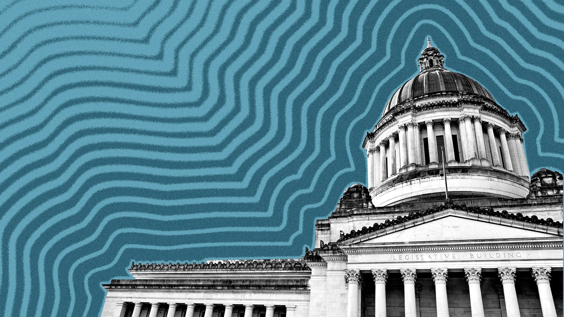 Illustration of the Washington State Capitol with lines radiating from it.