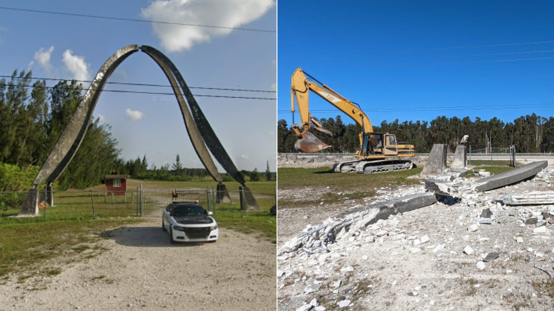 The Tamiami Trail arches are pictured before and after they were demolished.