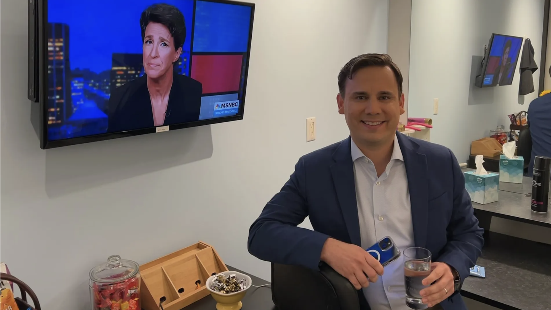 Chris Gloninger at the dressing room prepping for MSNBC