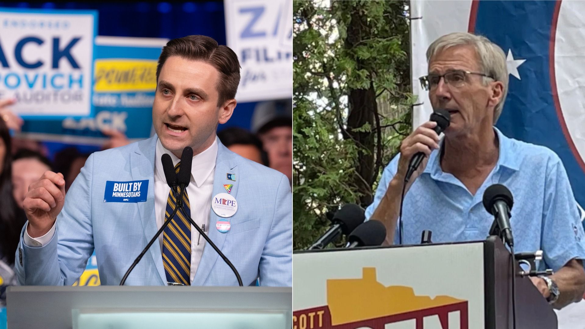 Split image of two politicians: left, a man in a light blue suit speaks at a podium with campaign signs; right, older man in a pale blue shirt speaks into a microphone outdoors, with a flag behind.