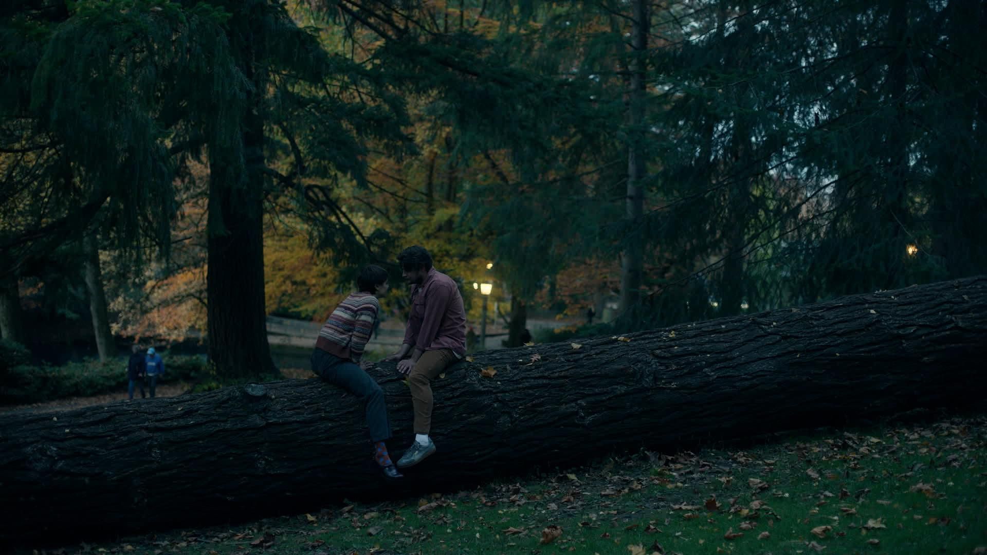 Two people sit on a large fallen tree in a dim, autumn park, leaning toward each other as they talk. In the background, a couple walks and warm park lights glow softly among dark green trees.