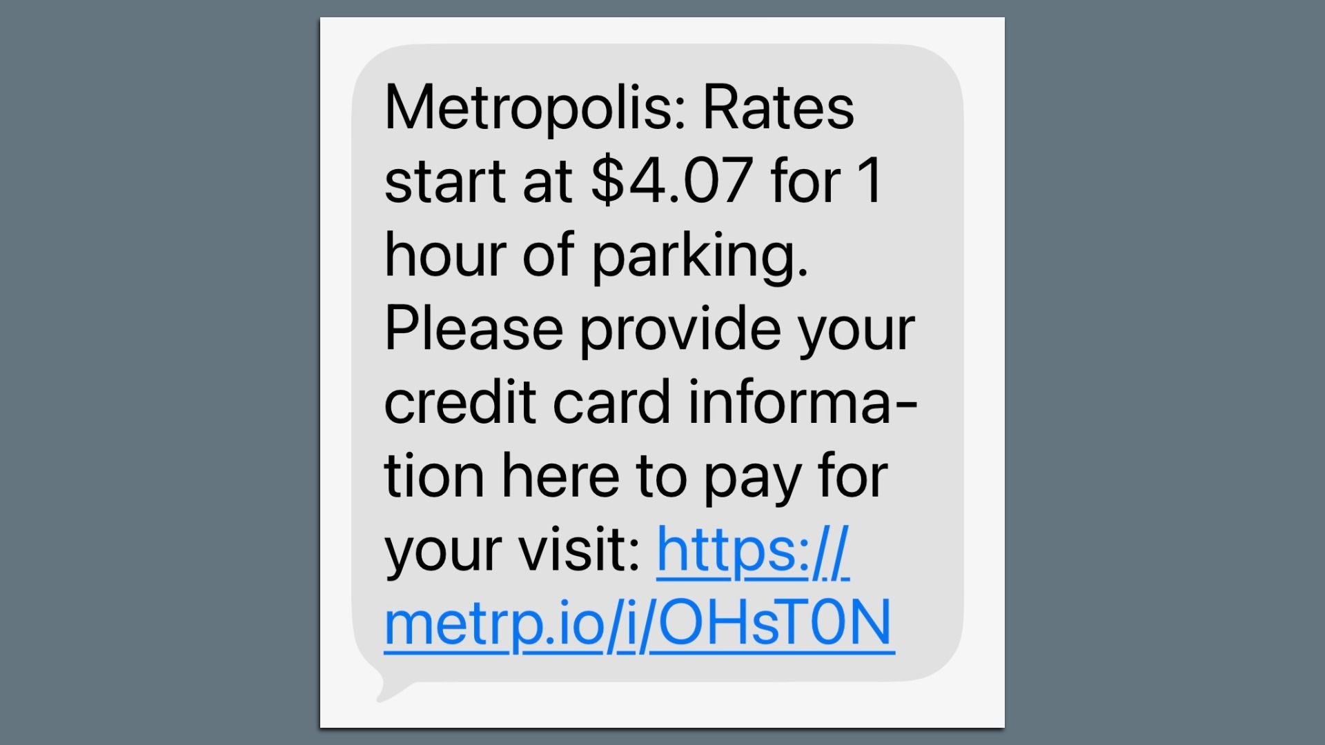 Light gray speech bubble on a white card ad about parking rates, starting at $4.07 for 1 hour, asking for credit card details, with a blue URL link.