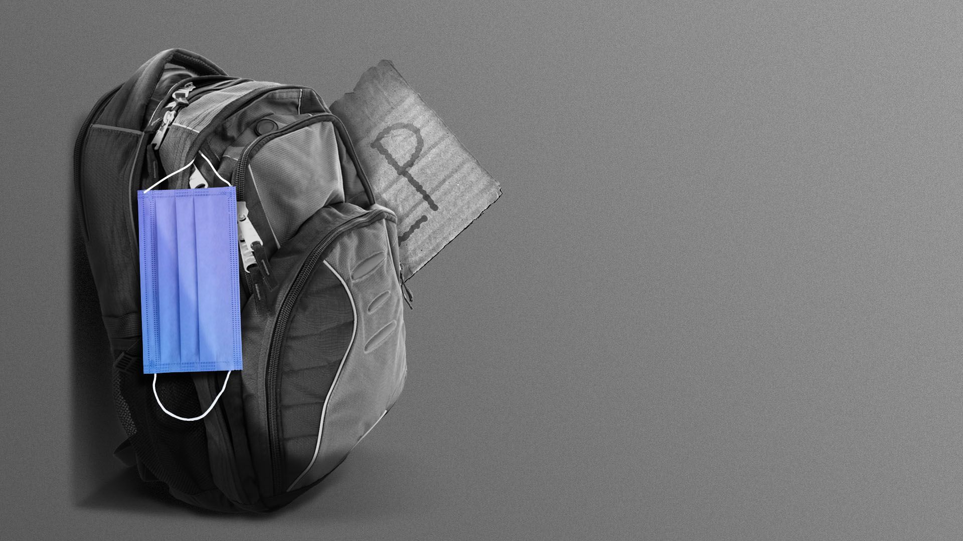 Illustration of a backpack with a medical mask and a cardboard sign that reads help