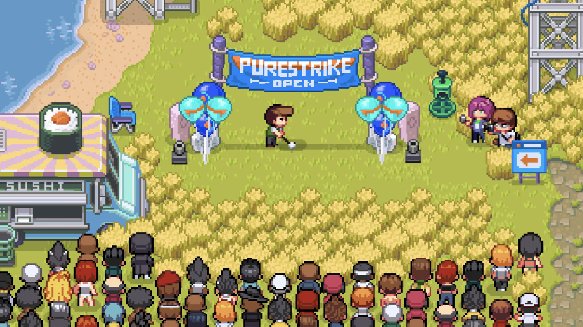 Video game screenshot of a person playing golf