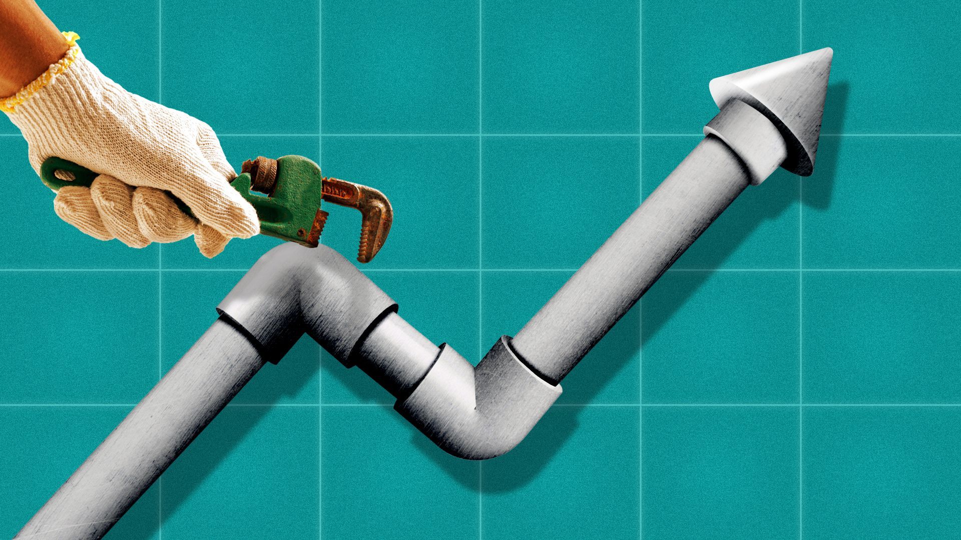 Illustration of pipes against a background of tile in an upward trend like and a hand with a pipe wrench