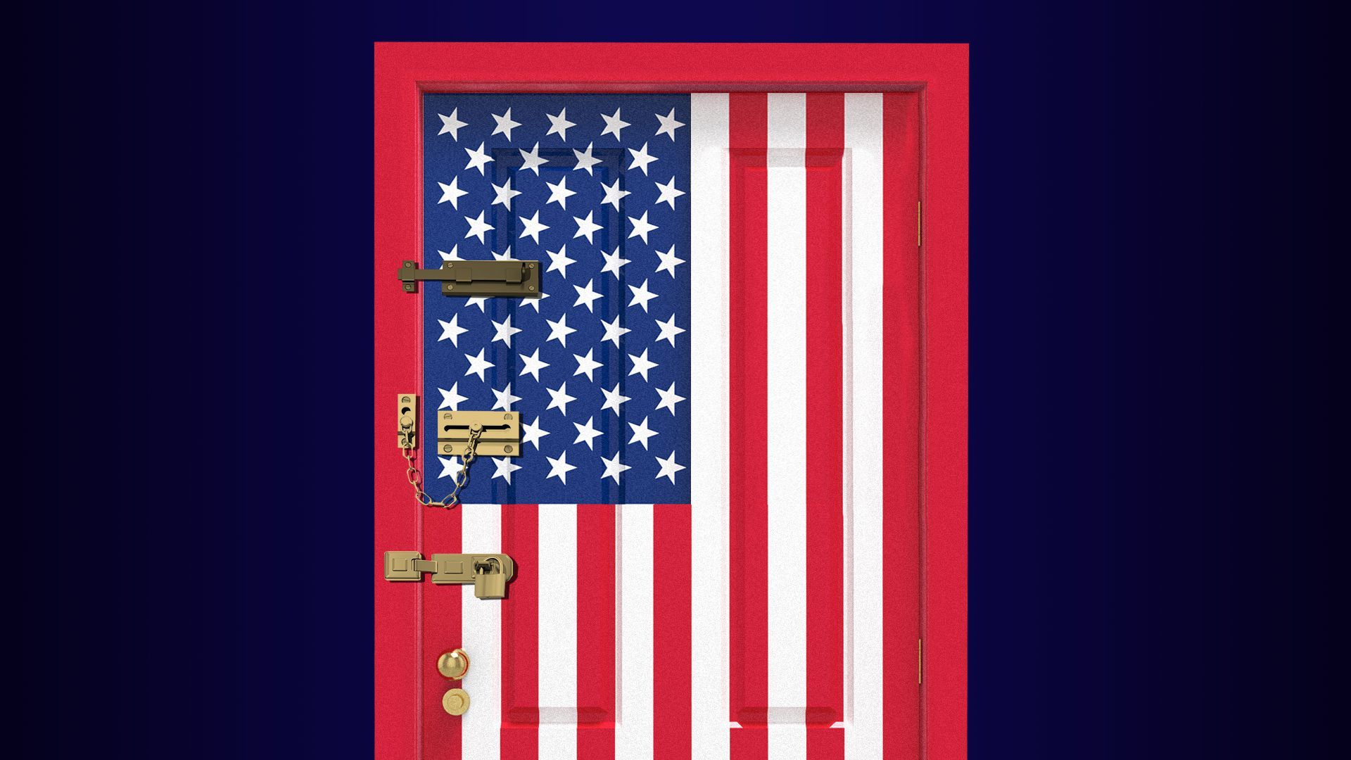 Illustration of a door made of an American flag with multiple locks alongside the edge of the door. 