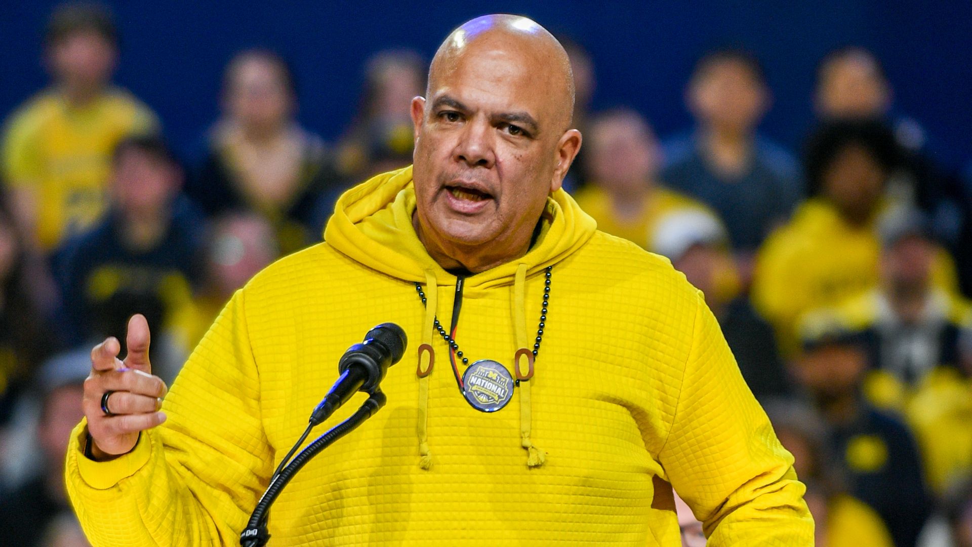U-M athletic director Warde Manuel speaks in April.