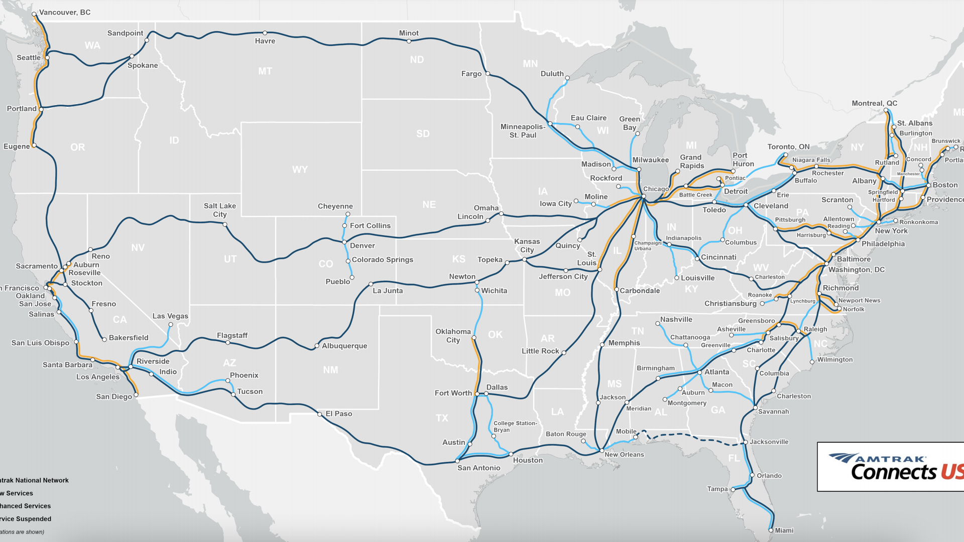 The proposed map for an expanded rail service by Amtrak.