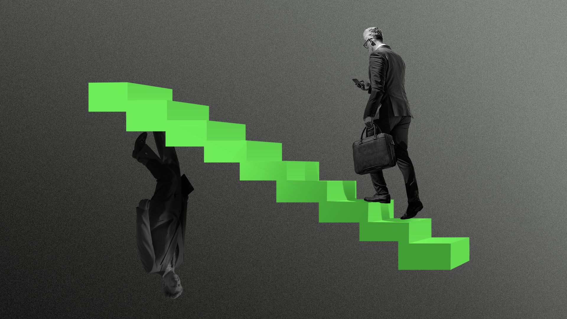 Illustration of tan inverted staircase, with one businessman going up, and the other going while down upside down