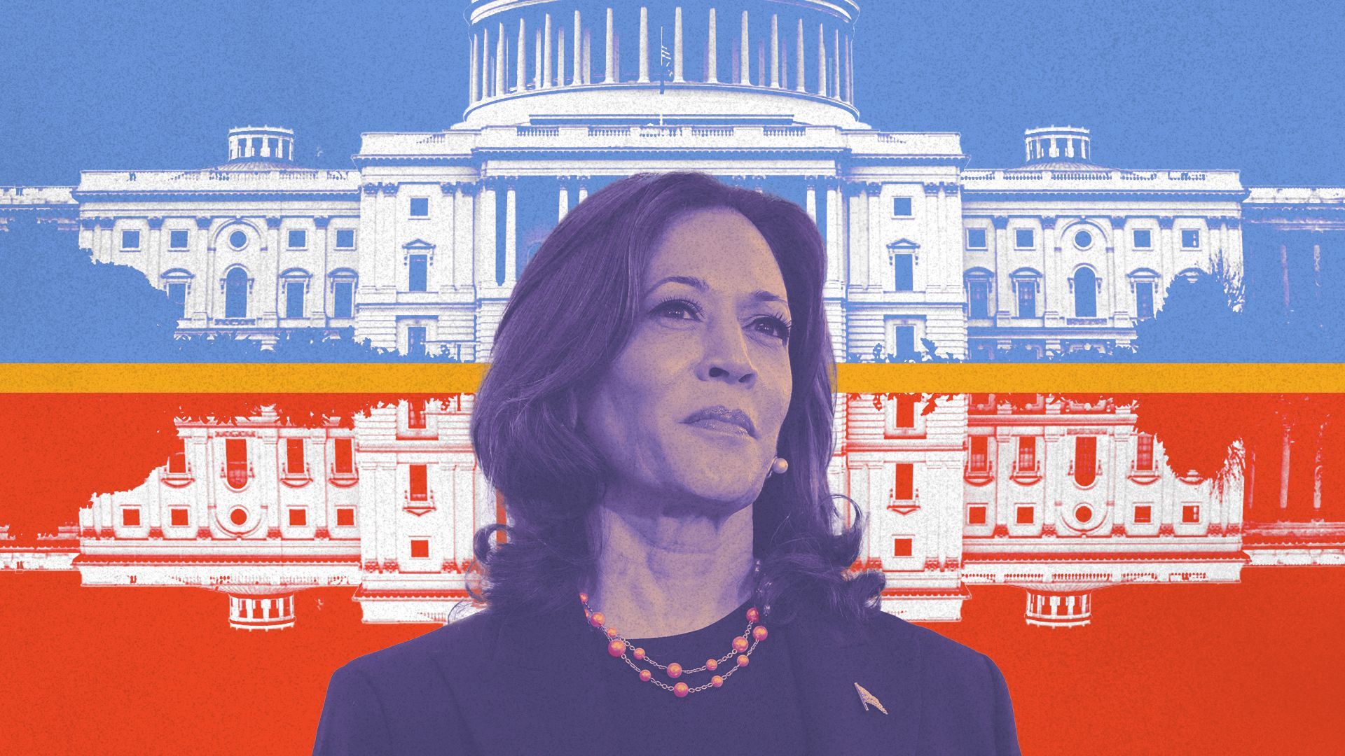 Photo illustration of Vice President Kamala Harris with a duplicated U.S. Capitol Building behind her