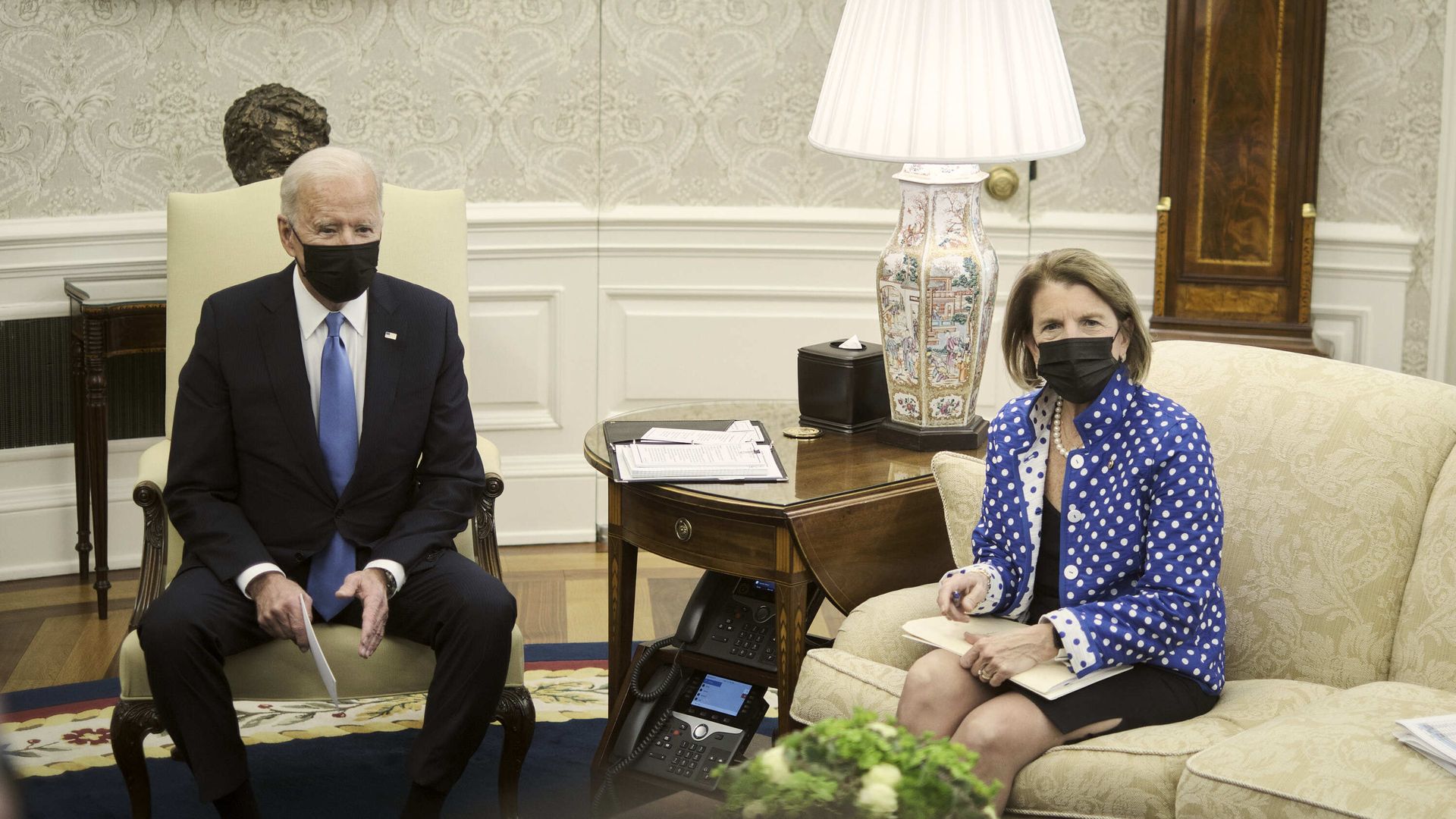 President Joe Biden and Senator Shelley Moore Capito during a May 13 meeting.