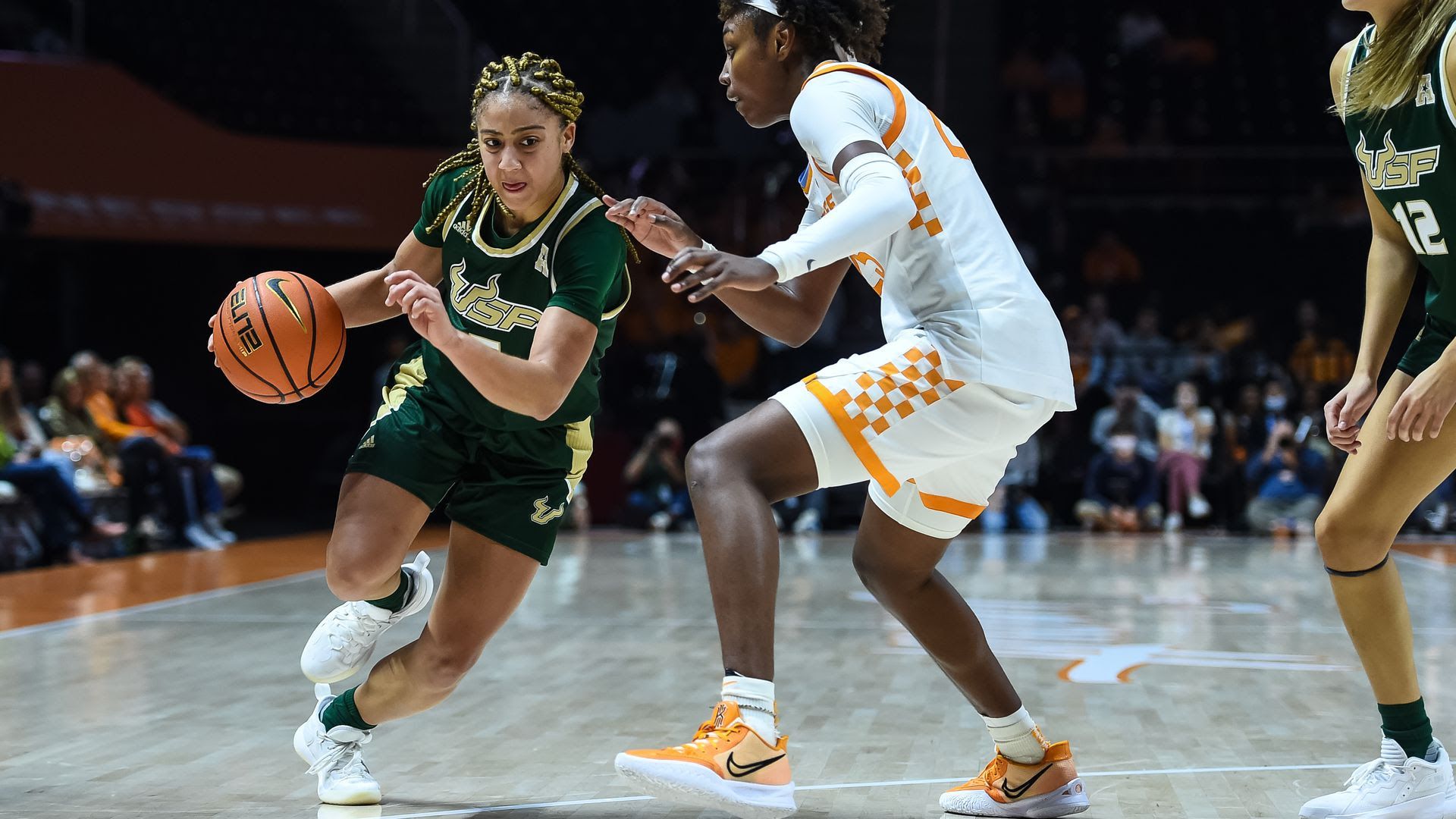 South Florida Bulls guard Elena Tsineke drives around Tennessee Lady Vols guard Jordan Horston in November. 