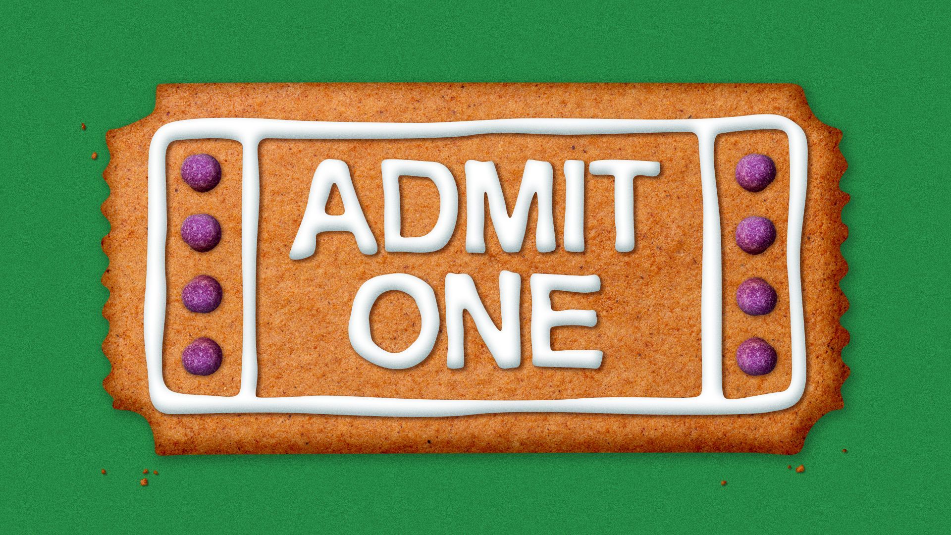 Illustration of a gingerbread cookie shaped like an "admit one" ticket.