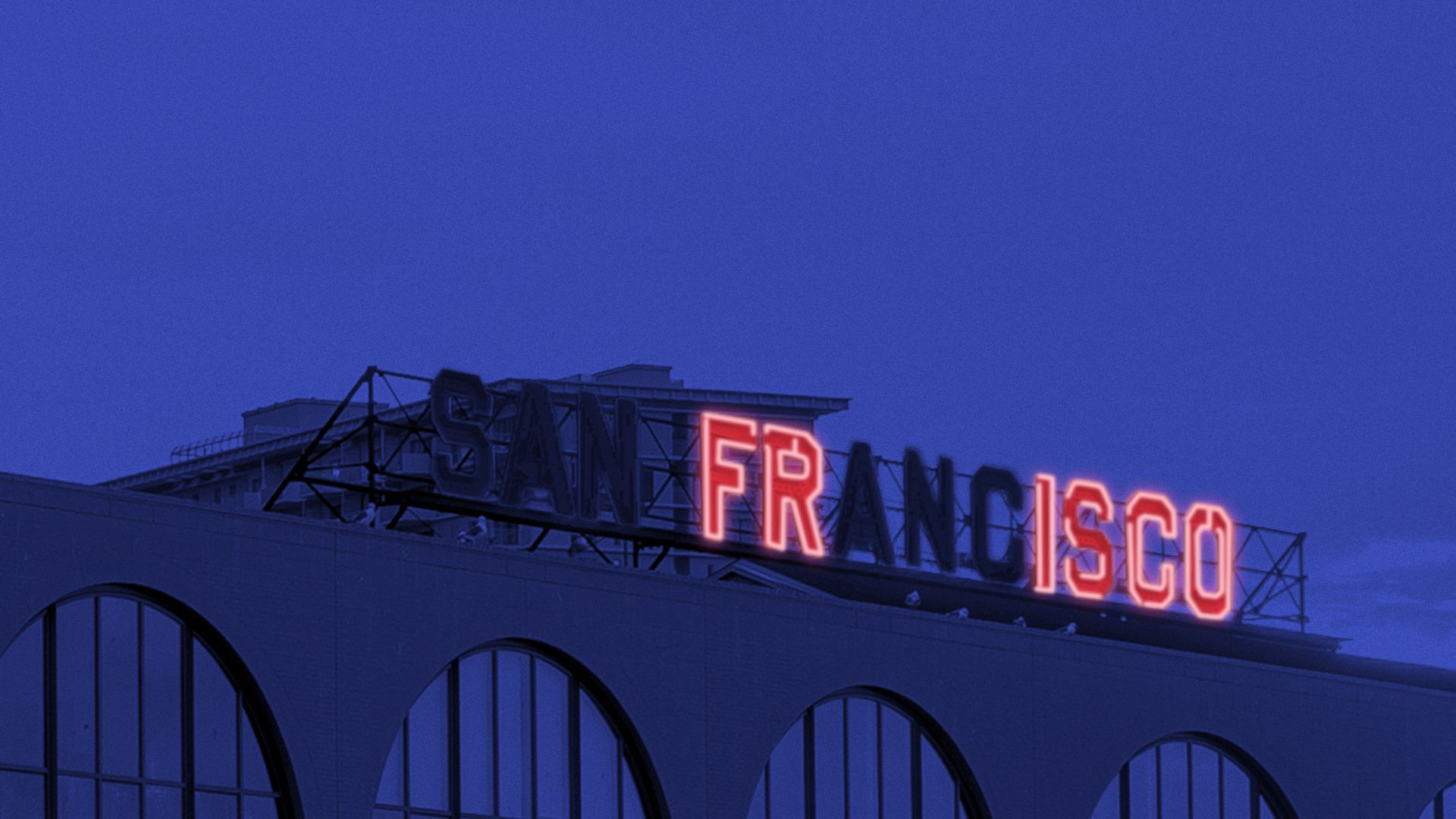 Illustration of the Port of San Francisco neon sign with only the letters spelling Frisco lit up.