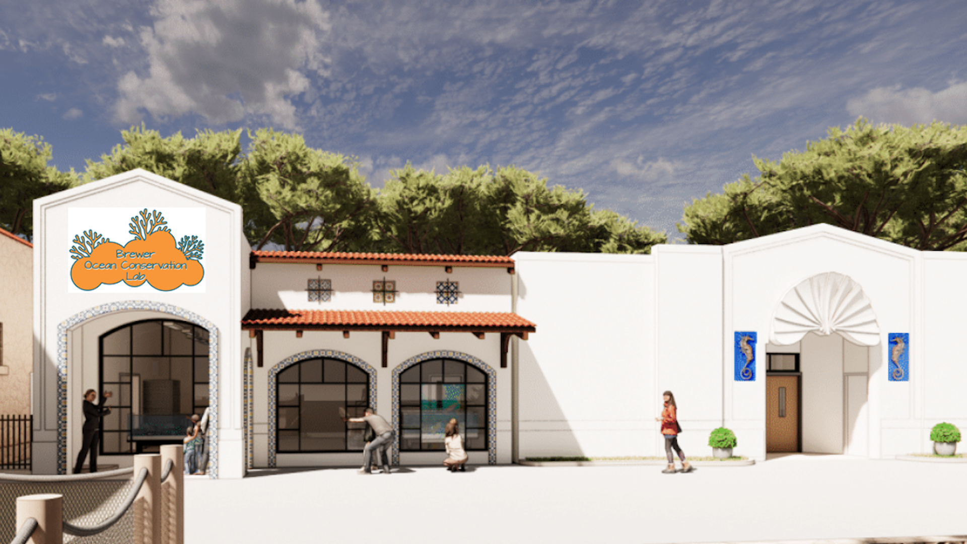 Rendering of an outdoor view of the Brewer Ocean Conservation Lab with white walls, arched windows, orange tiled roof, and people observing displays under a partly cloudy blue sky.