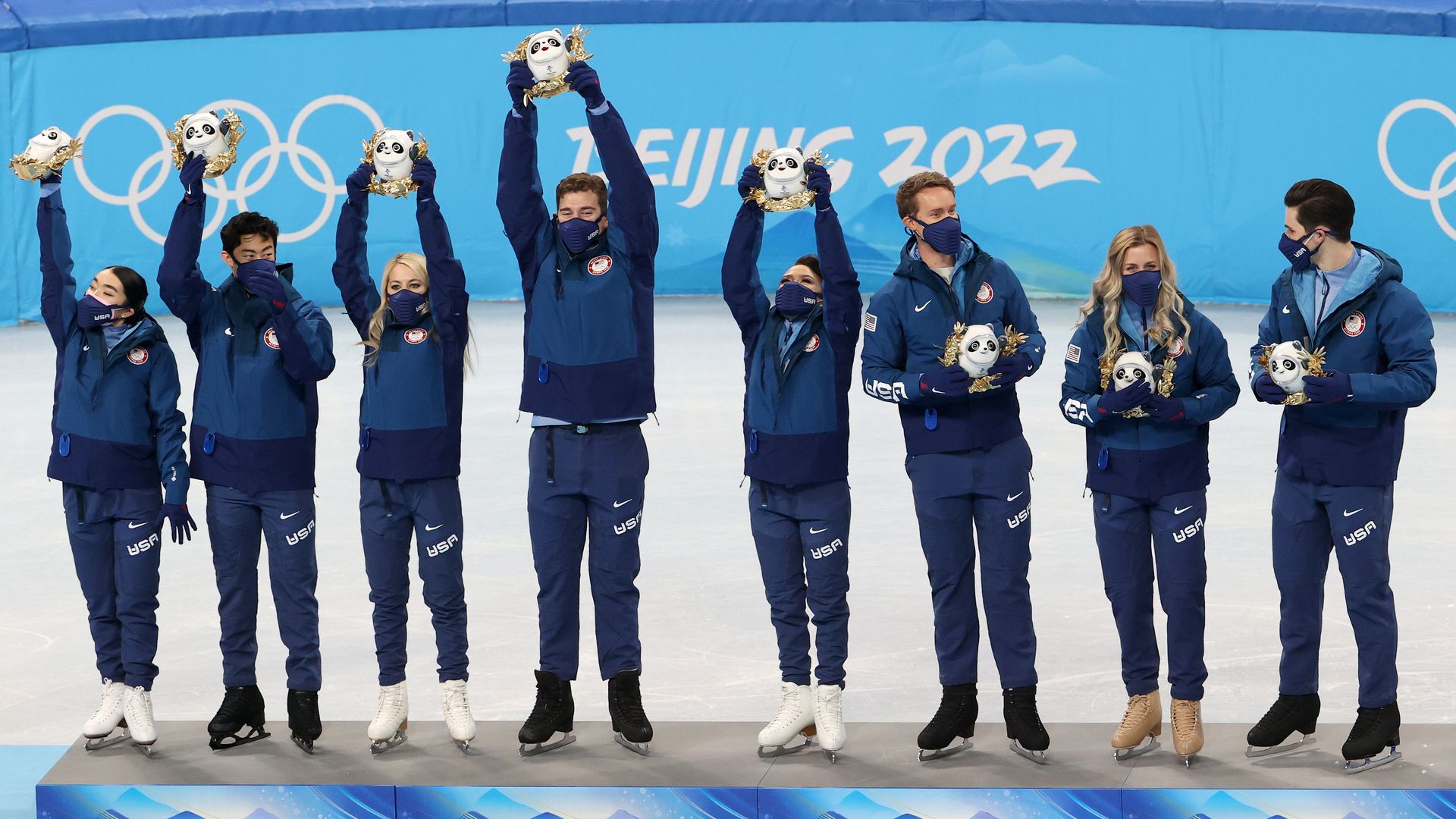 Then-silver medalists Alexa Knierim, Brandon Frazier, Madison Chock, Evan Bates, Karen Chen, Nathan Chen, Vincent Zhou, Madison Hubbell, Zachary Donohue of Team USA at the 2022 Winter Olympic Games at Capital Indoor Stadium in Beijing, China.