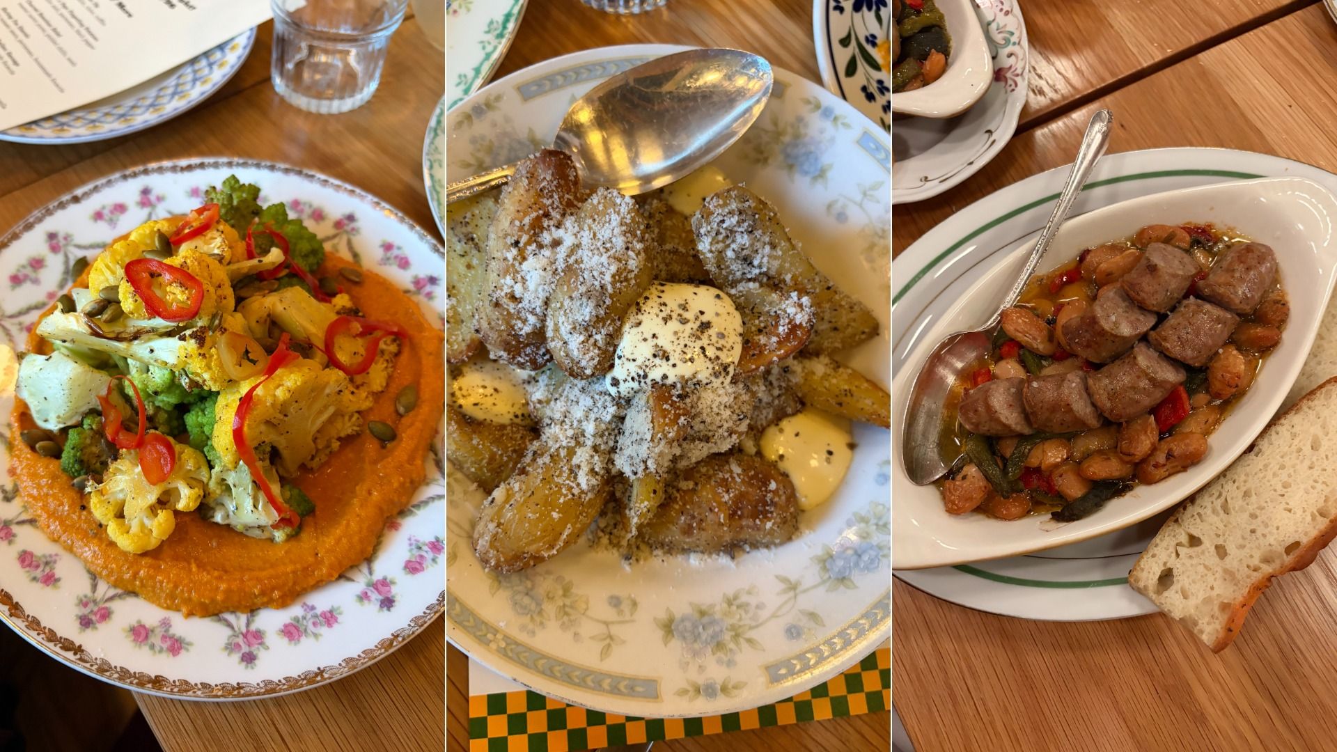 Triptych of plates: left colorful vegetable dish in orange sauce (cauliflower, broccoli, peppers); middle roasted potatoes with cheese; right sausage chunks in a peppery sauce with bread nearby.