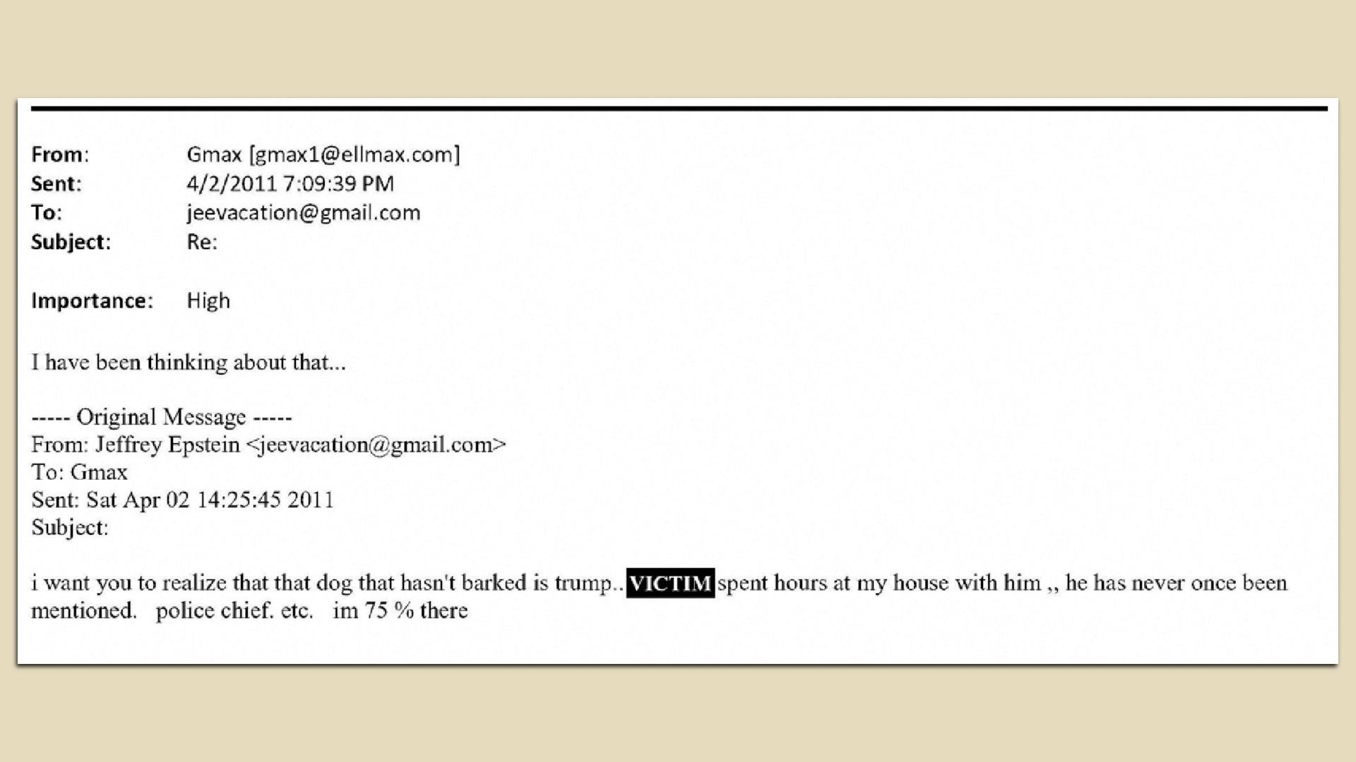 Email released yesterday by Democrats on the House Oversight Committee. Republicans said the redacted name is the late Virginia Giuffre.