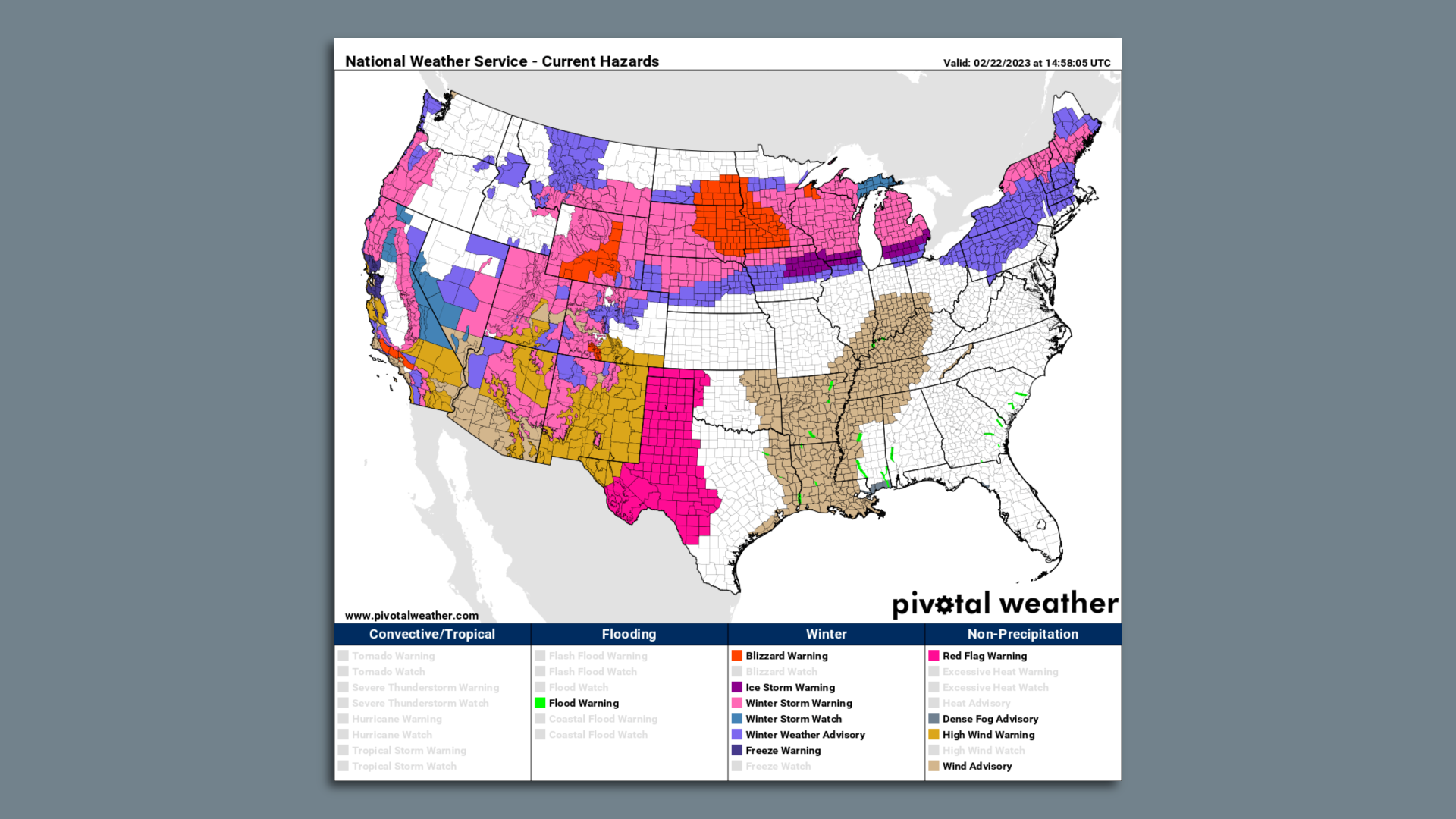 Map of NWS warnings and watches in effect on Feb. 22.