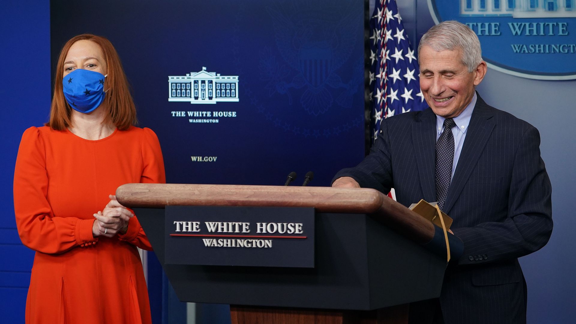 Dr. Anthony Fauci is seen at the White House podium after being welcomed back by new Press Secretary Jen Psaki.