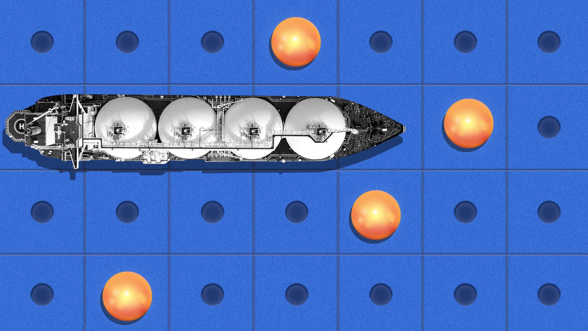 Illustration of a battleship style board game with a liquefied natural gas ship as one of the pieces, surrounded by orange hits just missing the ship.
