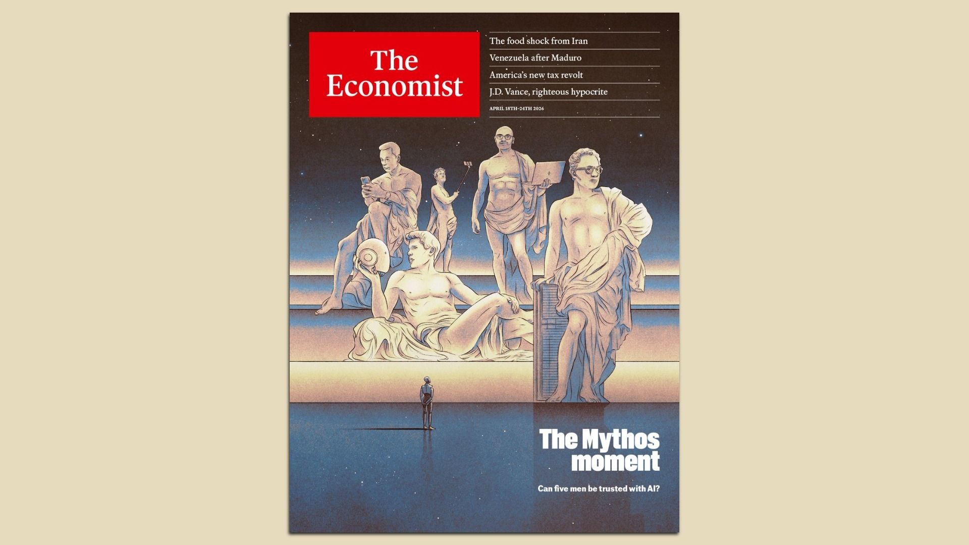 Cover of The Economist: surreal illustration of marble statues on a horizon with a lone man by the water; red The Economist banner top left; headline "The Mythos moment" about AI.